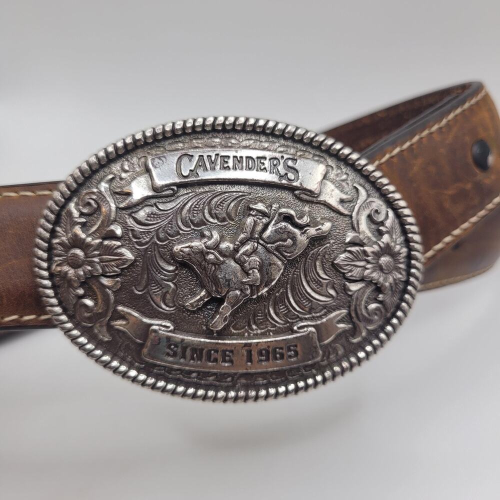 Cavender's Belt Boy 22 Brown Leather Oval Rodeo Buckle Western Cowboy Floral - Picture 3 of 7